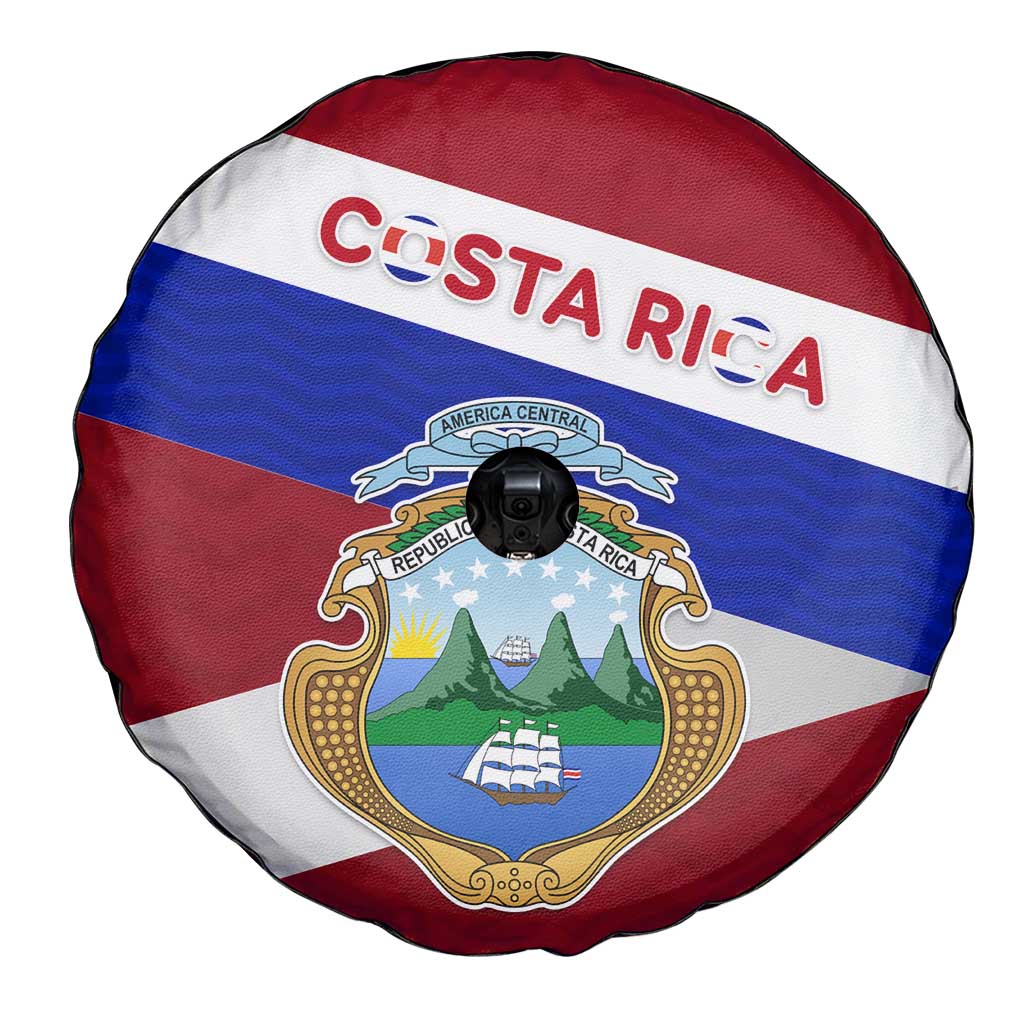 Costa Rica Flag Spare Tire Cover Red White Blue with National Coat of Arms and Shield Design - Wonder Print Shop
