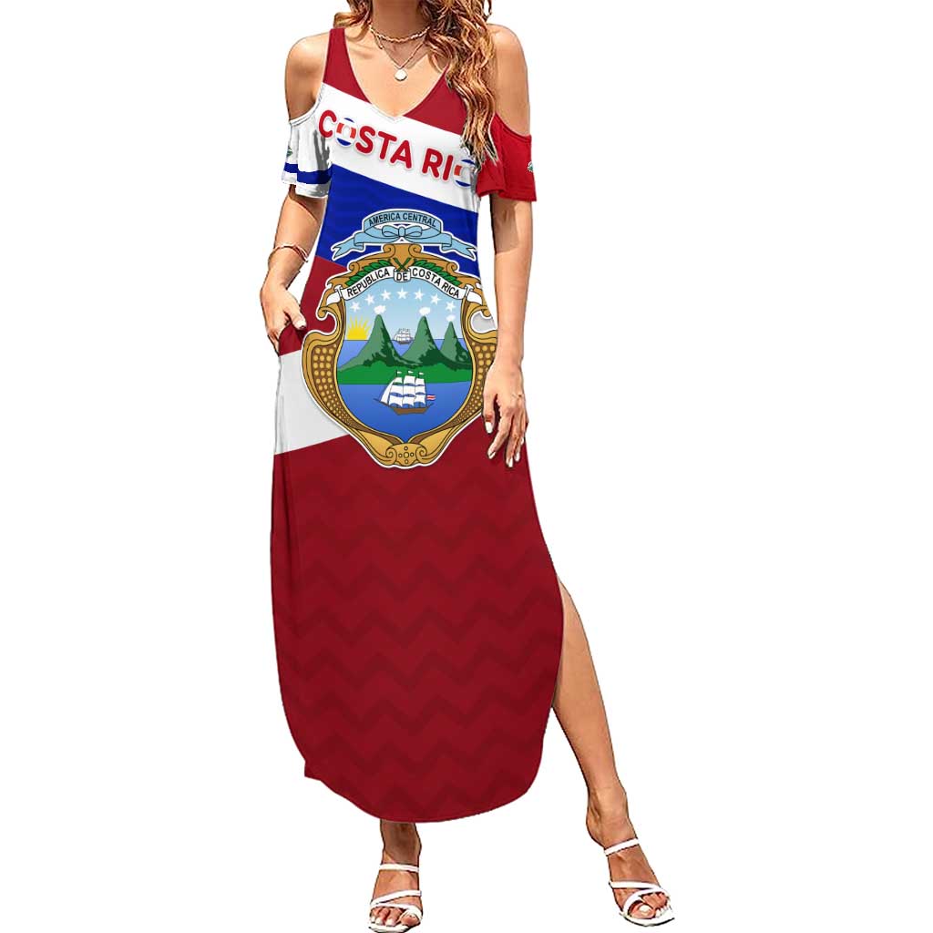 Costa Rica Flag Summer Maxi Dress Red White Blue with National Coat of Arms and Shield Design - Wonder Print Shop