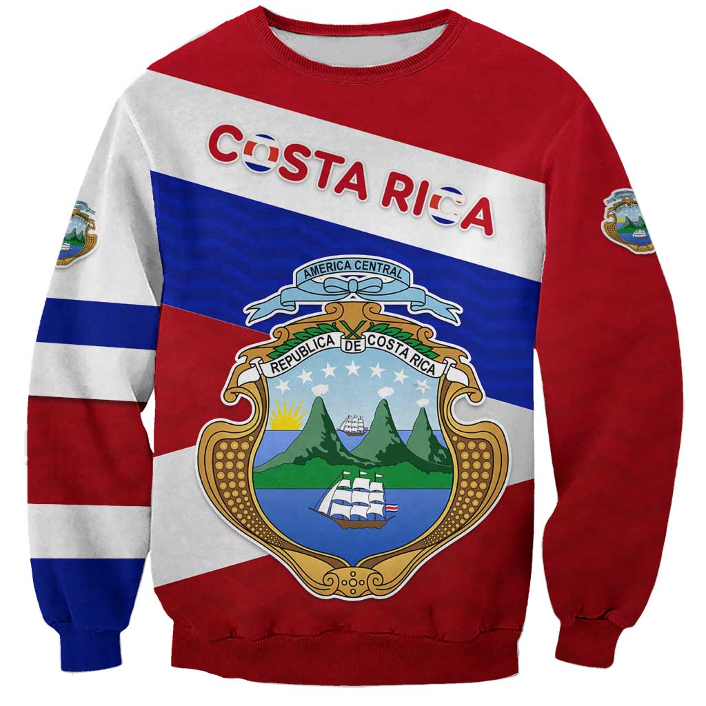 Costa Rica Flag Sweatshirt Red White Blue with National Coat of Arms and Shield Design - Wonder Print Shop
