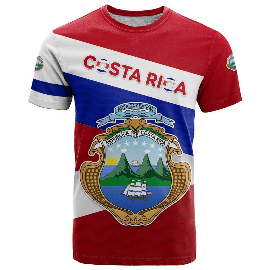 Costa Rica Flag T Shirt Red White Blue with National Coat of Arms and Shield Design - Wonder Print Shop