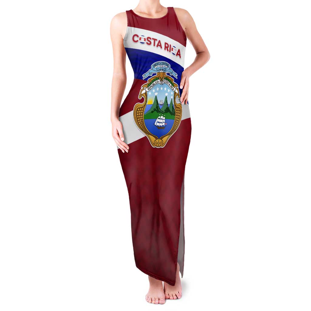 Costa Rica Flag Tank Maxi Dress Red White Blue with National Coat of Arms and Shield Design - Wonder Print Shop