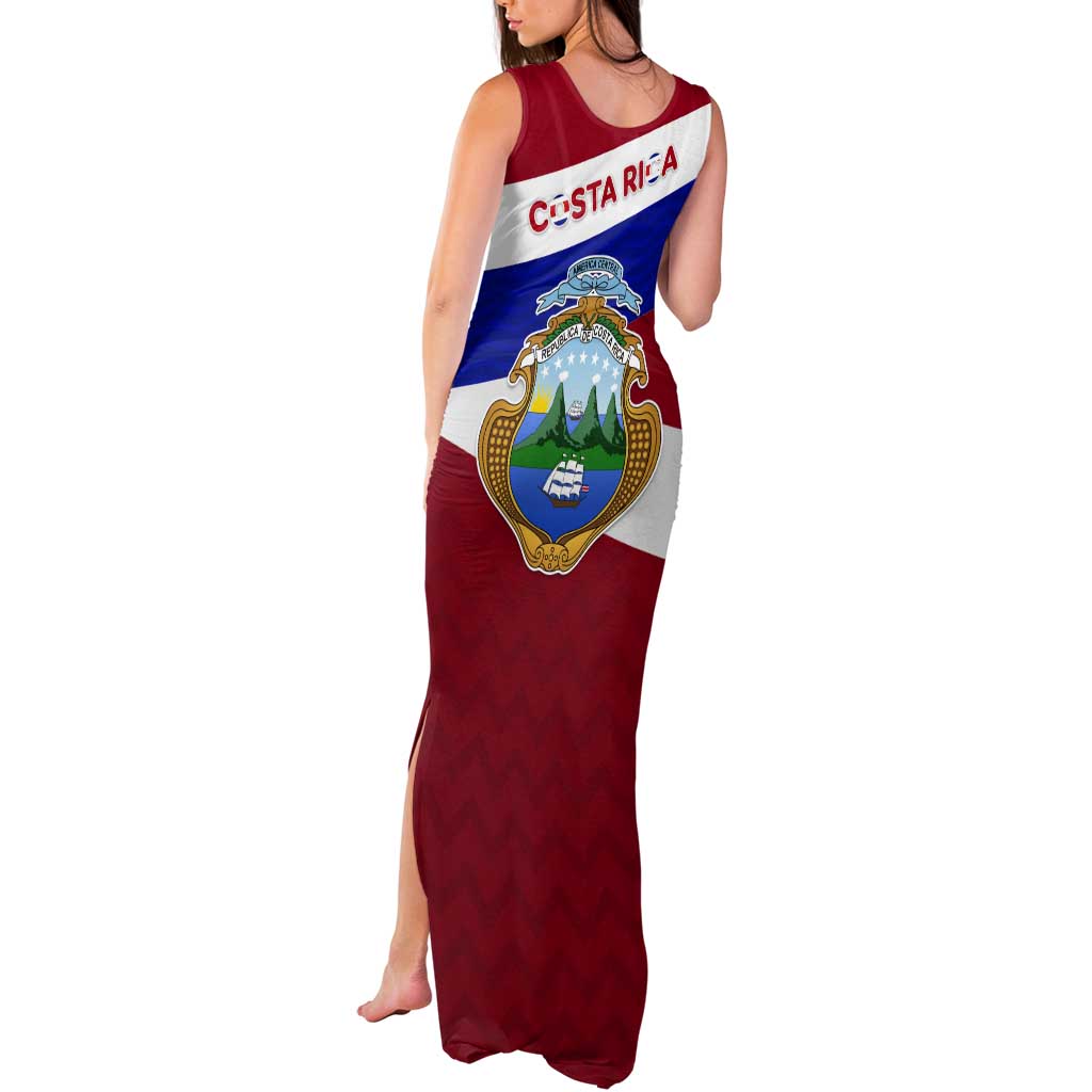 Costa Rica Flag Tank Maxi Dress Red White Blue with National Coat of Arms and Shield Design - Wonder Print Shop