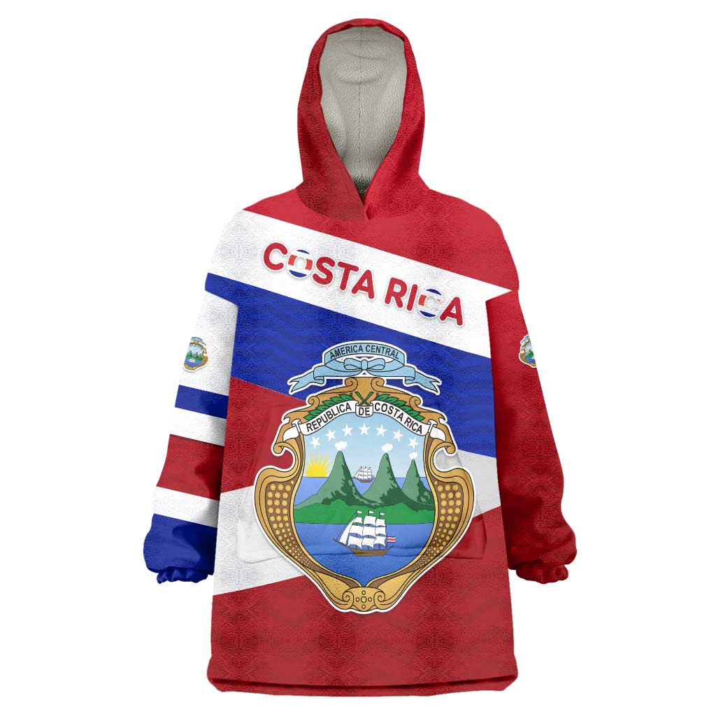 Costa Rica Flag Wearable Blanket Hoodie Red White Blue with National Coat of Arms and Shield Design - Wonder Print Shop