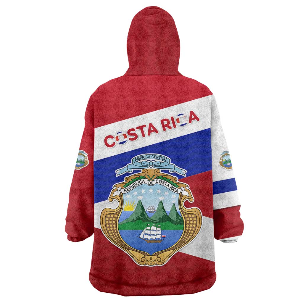 Costa Rica Flag Wearable Blanket Hoodie Red White Blue with National Coat of Arms and Shield Design - Wonder Print Shop