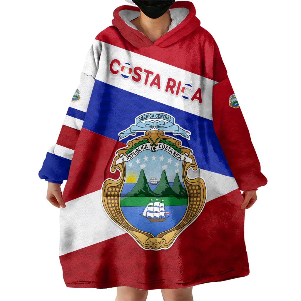 Costa Rica Flag Wearable Blanket Hoodie Red White Blue with National Coat of Arms and Shield Design - Wonder Print Shop