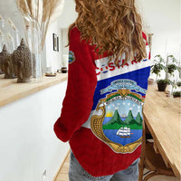 Costa Rica Flag Women Casual Shirt Red White Blue with National Coat of Arms and Shield Design - Wonder Print Shop