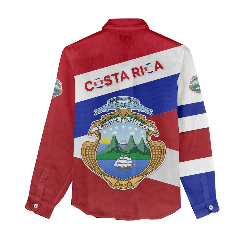 Costa Rica Flag Women Casual Shirt Red White Blue with National Coat of Arms and Shield Design - Wonder Print Shop