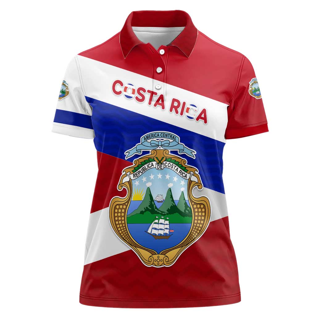 Costa Rica Flag Women Polo Shirt Red White Blue with National Coat of Arms and Shield Design - Wonder Print Shop