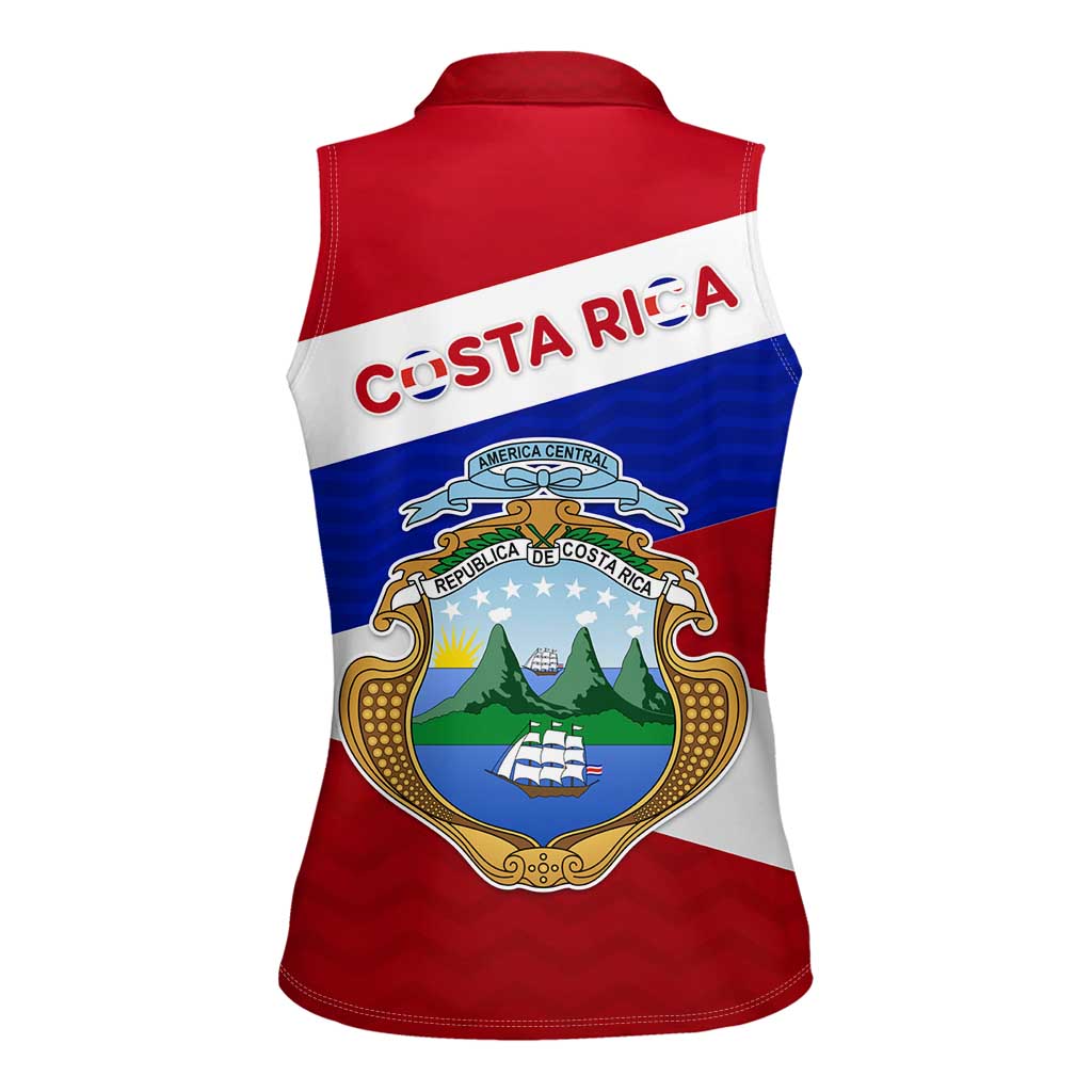 Costa Rica Flag Women Sleeveless Polo Shirt Red White Blue with National Coat of Arms and Shield Design - Wonder Print Shop