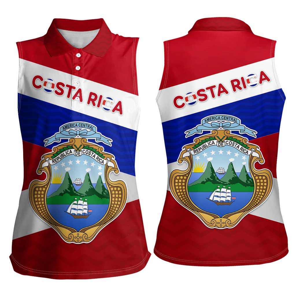 Costa Rica Flag Women Sleeveless Polo Shirt Red White Blue with National Coat of Arms and Shield Design - Wonder Print Shop