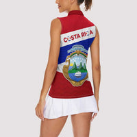 Costa Rica Flag Women Sleeveless Polo Shirt Red White Blue with National Coat of Arms and Shield Design - Wonder Print Shop