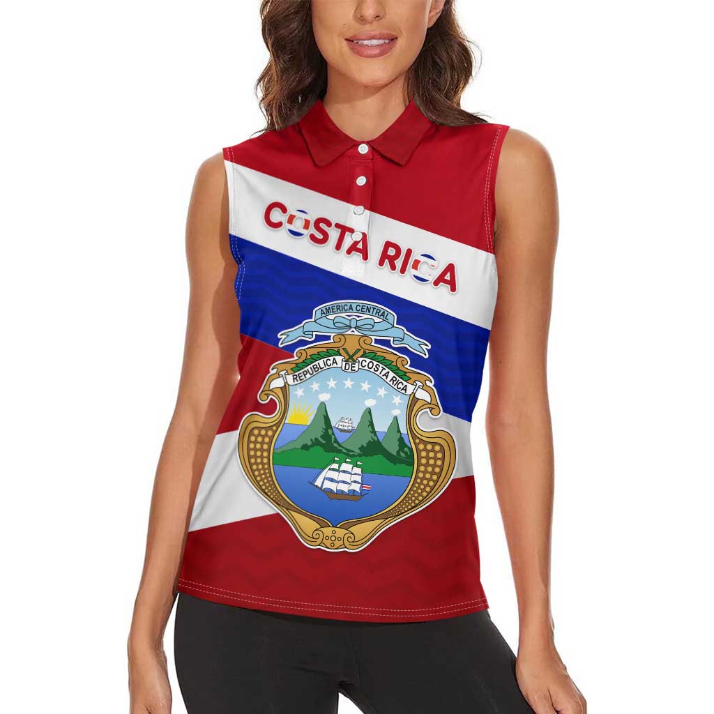 Costa Rica Flag Women Sleeveless Polo Shirt Red White Blue with National Coat of Arms and Shield Design - Wonder Print Shop