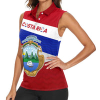 Costa Rica Flag Women Sleeveless Polo Shirt Red White Blue with National Coat of Arms and Shield Design - Wonder Print Shop