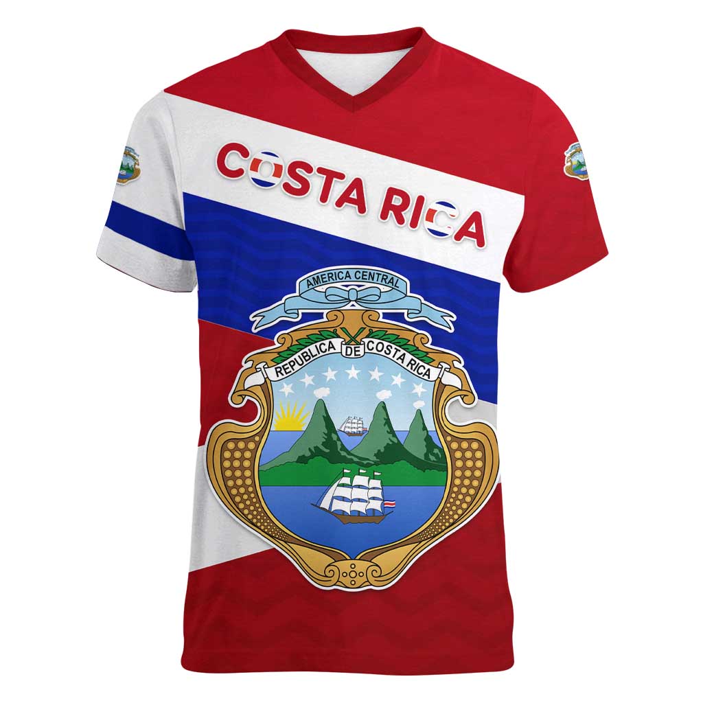 Costa Rica Flag Women V-Neck T-Shirt Red White Blue with National Coat of Arms and Shield Design - Wonder Print Shop