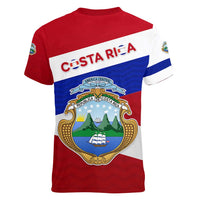Costa Rica Flag Women V-Neck T-Shirt Red White Blue with National Coat of Arms and Shield Design - Wonder Print Shop