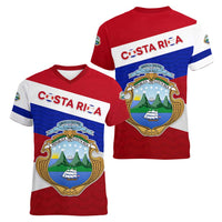 Costa Rica Flag Women V-Neck T-Shirt Red White Blue with National Coat of Arms and Shield Design - Wonder Print Shop