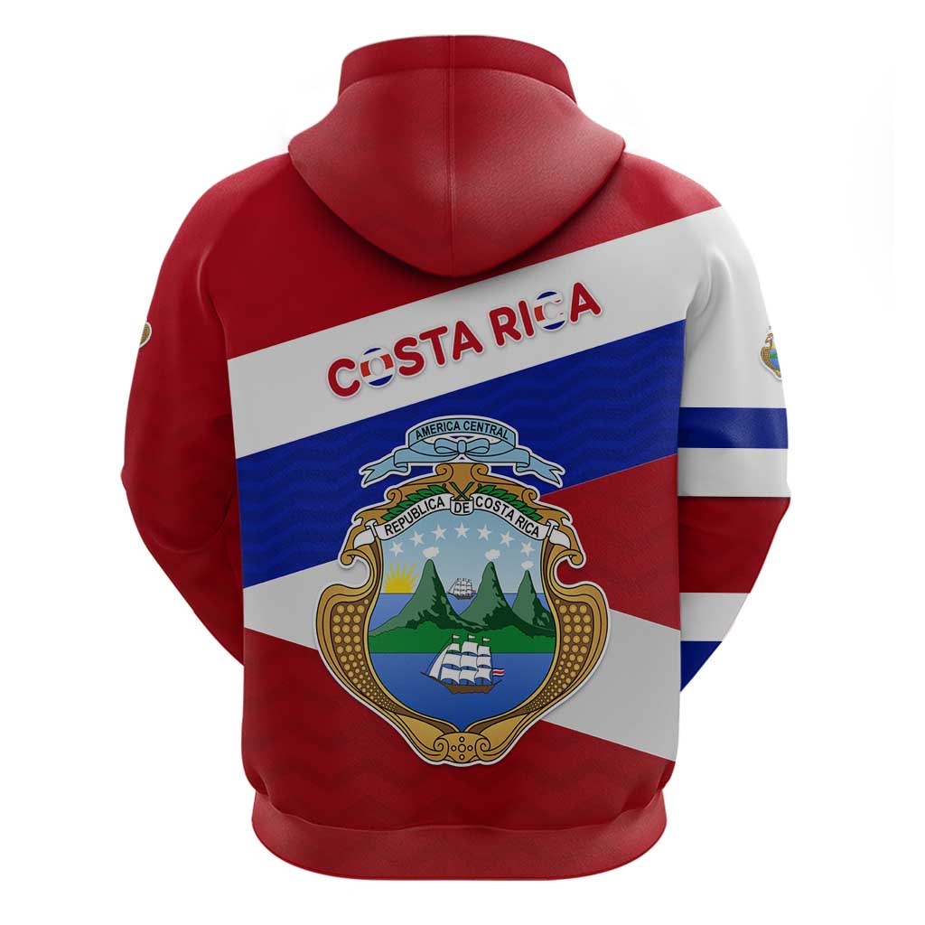 Costa Rica Flag Zip Hoodie Red White Blue with National Coat of Arms and Shield Design - Wonder Print Shop