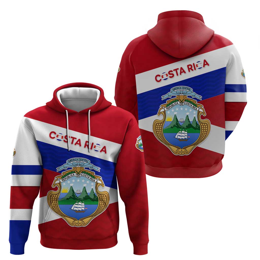 Costa Rica Flag Zip Hoodie Red White Blue with National Coat of Arms and Shield Design - Wonder Print Shop