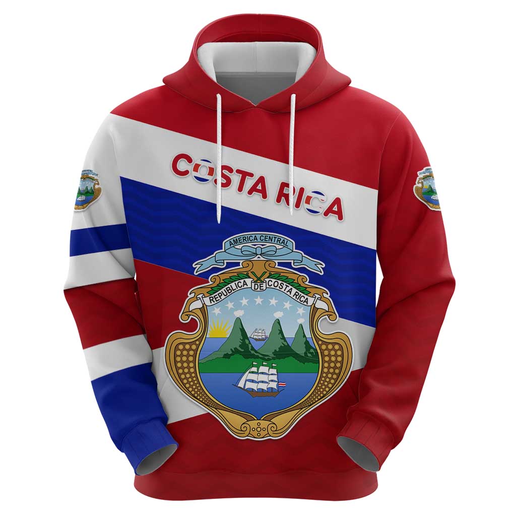 Costa Rica Flag Zip Hoodie Red White Blue with National Coat of Arms and Shield Design - Wonder Print Shop
