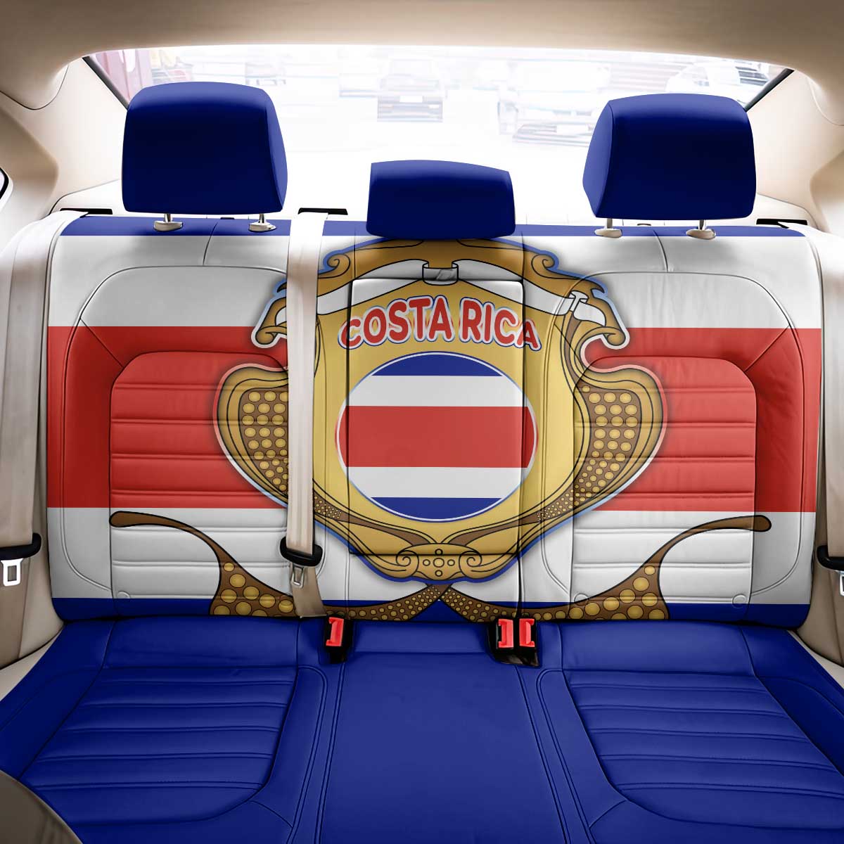 Costa Rica Flag Map Back Car Seat Cover Red White Blue with National Colors and Gold Crest Design - Wonder Print Shop