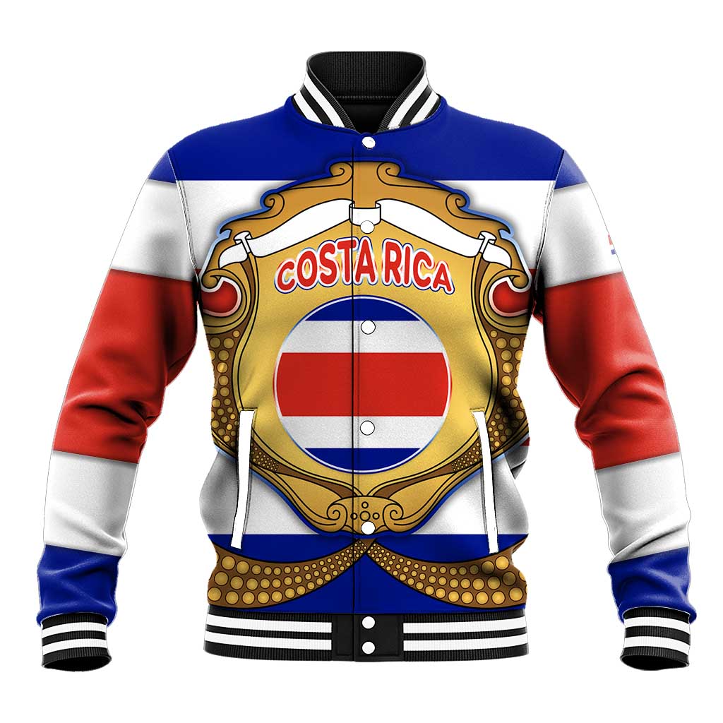 Costa Rica Flag Map Baseball Jacket Red White Blue with National Colors and Gold Crest Design - Wonder Print Shop