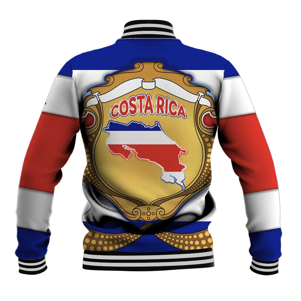 Costa Rica Flag Map Baseball Jacket Red White Blue with National Colors and Gold Crest Design - Wonder Print Shop