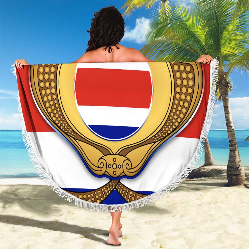 Costa Rica Flag Map Beach Blanket Red White Blue with National Colors and Gold Crest Design - Wonder Print Shop