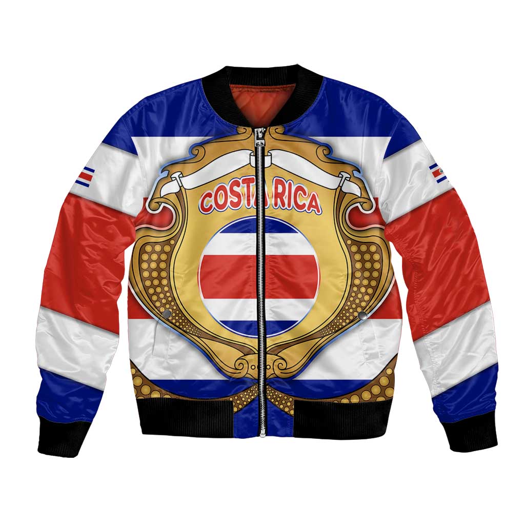 Costa Rica Flag Map Bomber Jacket Red White Blue with National Colors and Gold Crest Design - Wonder Print Shop