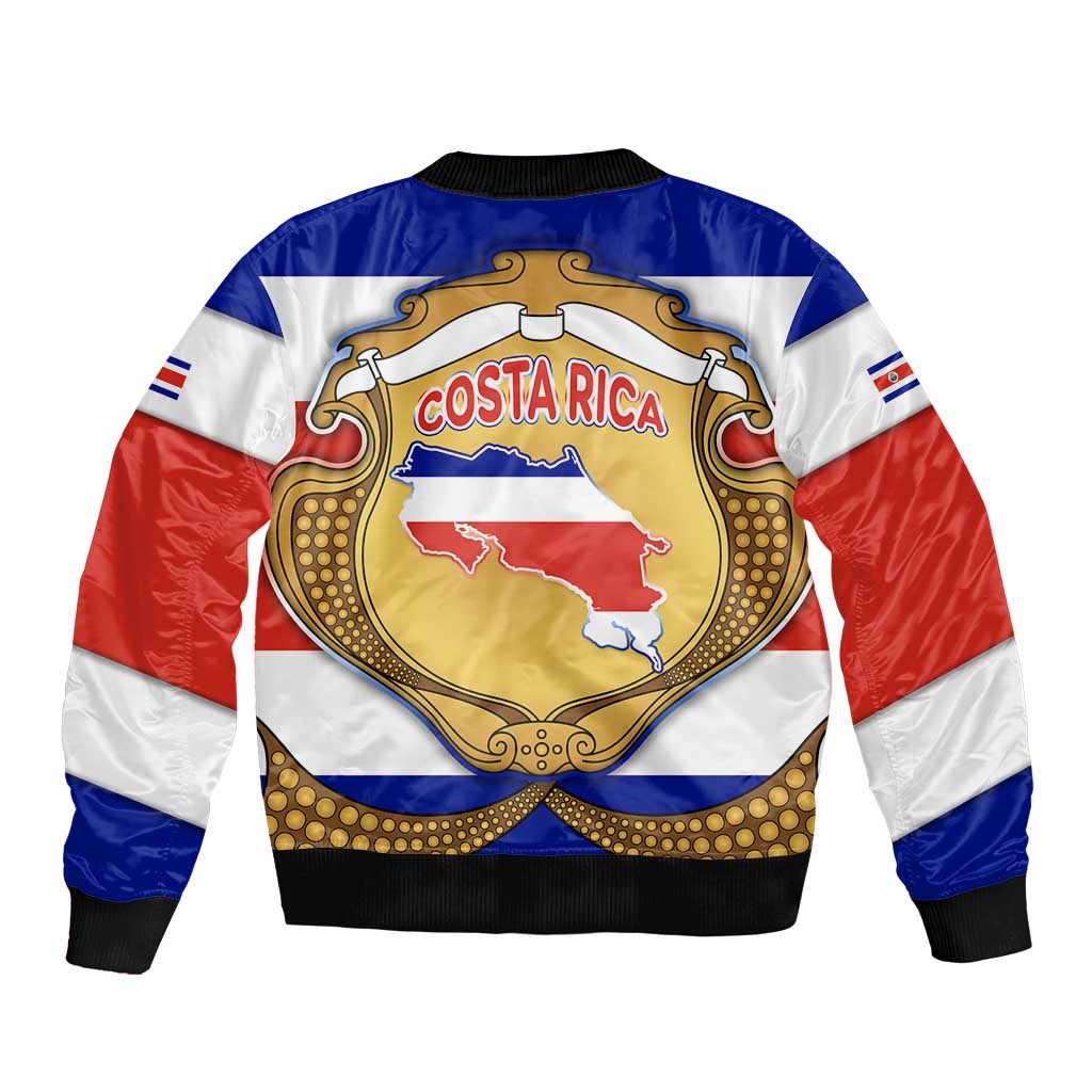 Costa Rica Flag Map Bomber Jacket Red White Blue with National Colors and Gold Crest Design - Wonder Print Shop