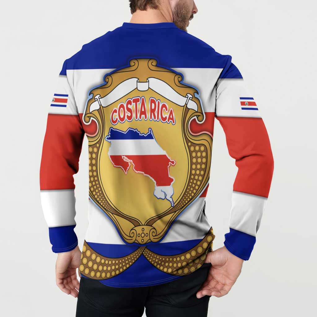 Costa Rica Flag Map Button Sweatshirt Red White Blue with National Colors and Gold Crest Design - Wonder Print Shop