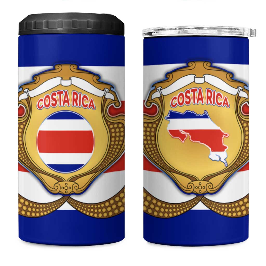 Costa Rica Flag Map 4 in 1 Can Cooler Tumbler Red White Blue with National Colors and Gold Crest Design - Wonder Print Shop