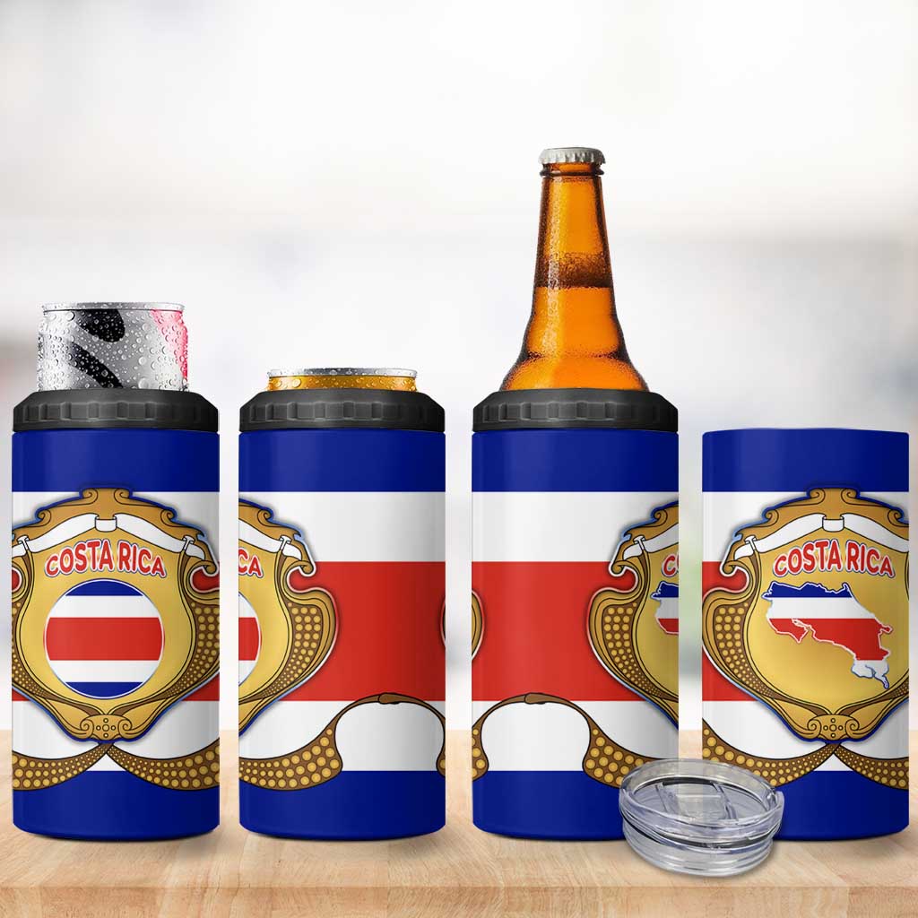 Costa Rica Flag Map 4 in 1 Can Cooler Tumbler Red White Blue with National Colors and Gold Crest Design - Wonder Print Shop