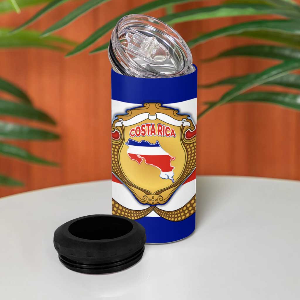 Costa Rica Flag Map 4 in 1 Can Cooler Tumbler Red White Blue with National Colors and Gold Crest Design - Wonder Print Shop