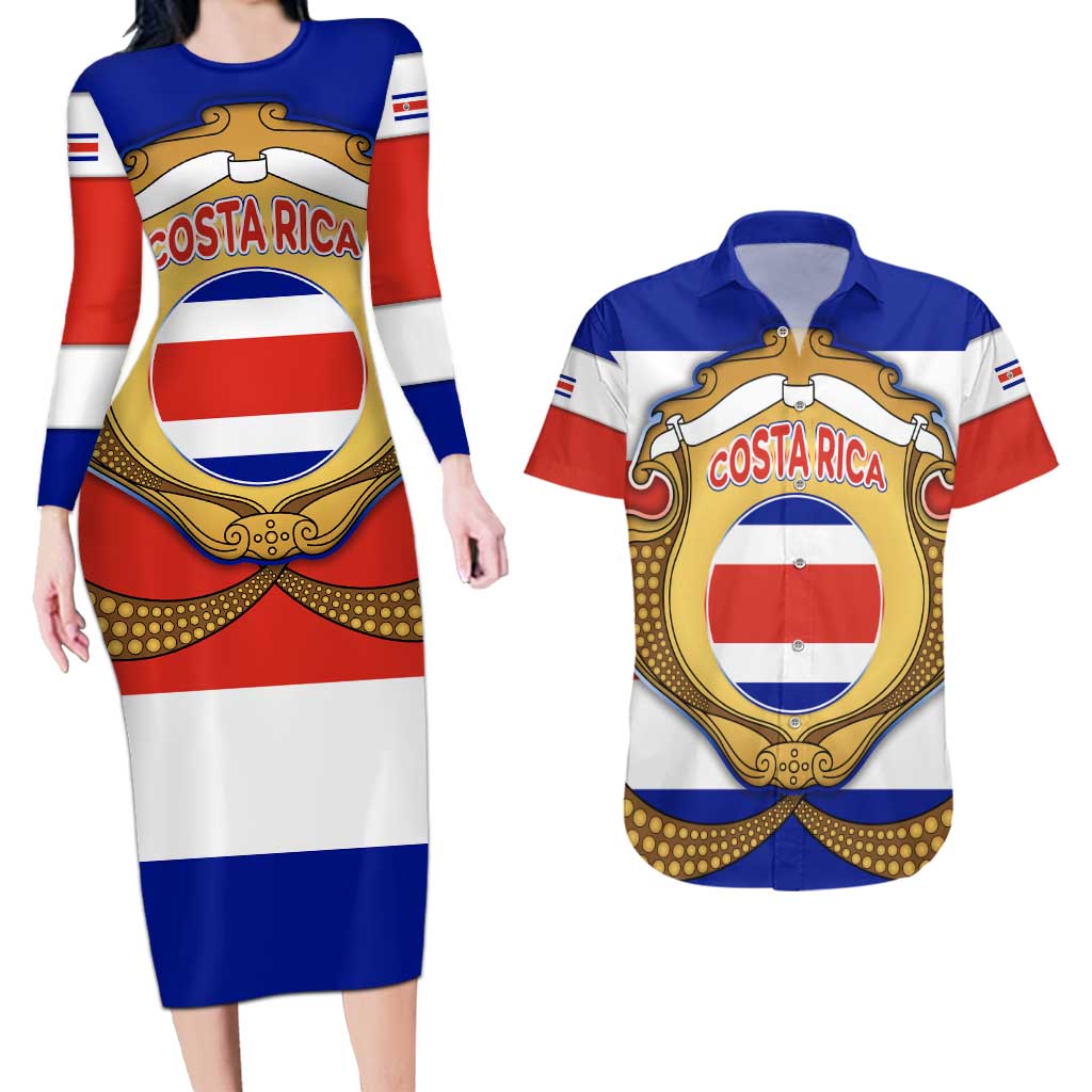 Costa Rica Flag Map Couples Matching Long Sleeve Bodycon Dress and Hawaiian Shirt Red White Blue with National Colors and Gold Crest Design - Wonder Print Shop