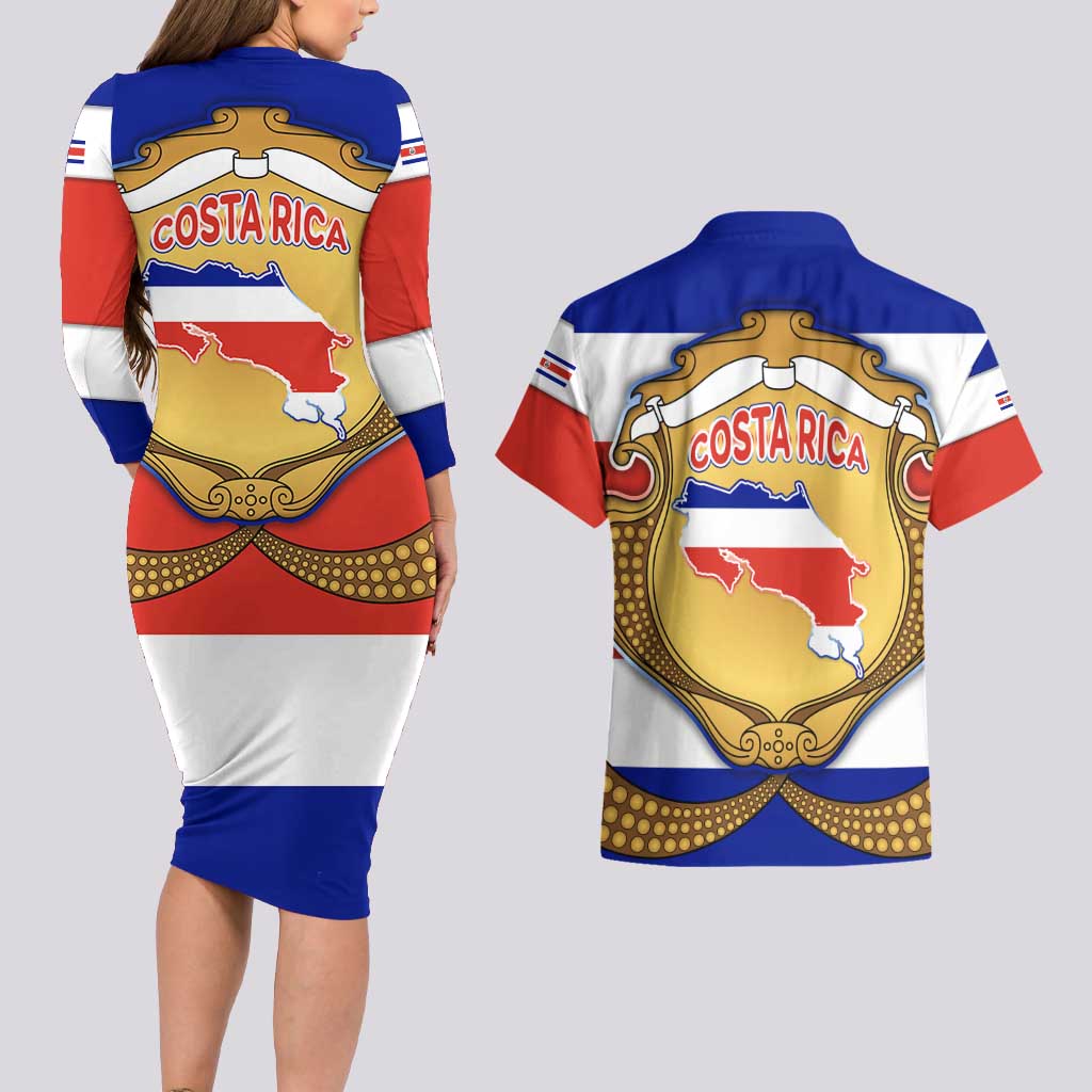 Costa Rica Flag Map Couples Matching Long Sleeve Bodycon Dress and Hawaiian Shirt Red White Blue with National Colors and Gold Crest Design - Wonder Print Shop