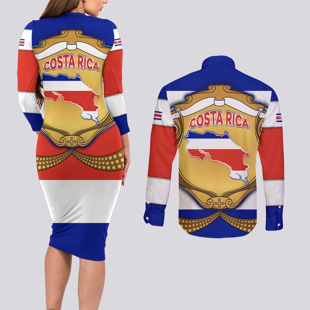 Costa Rica Flag Map Couples Matching Long Sleeve Bodycon Dress and Long Sleeve Button Shirt Red White Blue with National Colors and Gold Crest Design - Wonder Print Shop