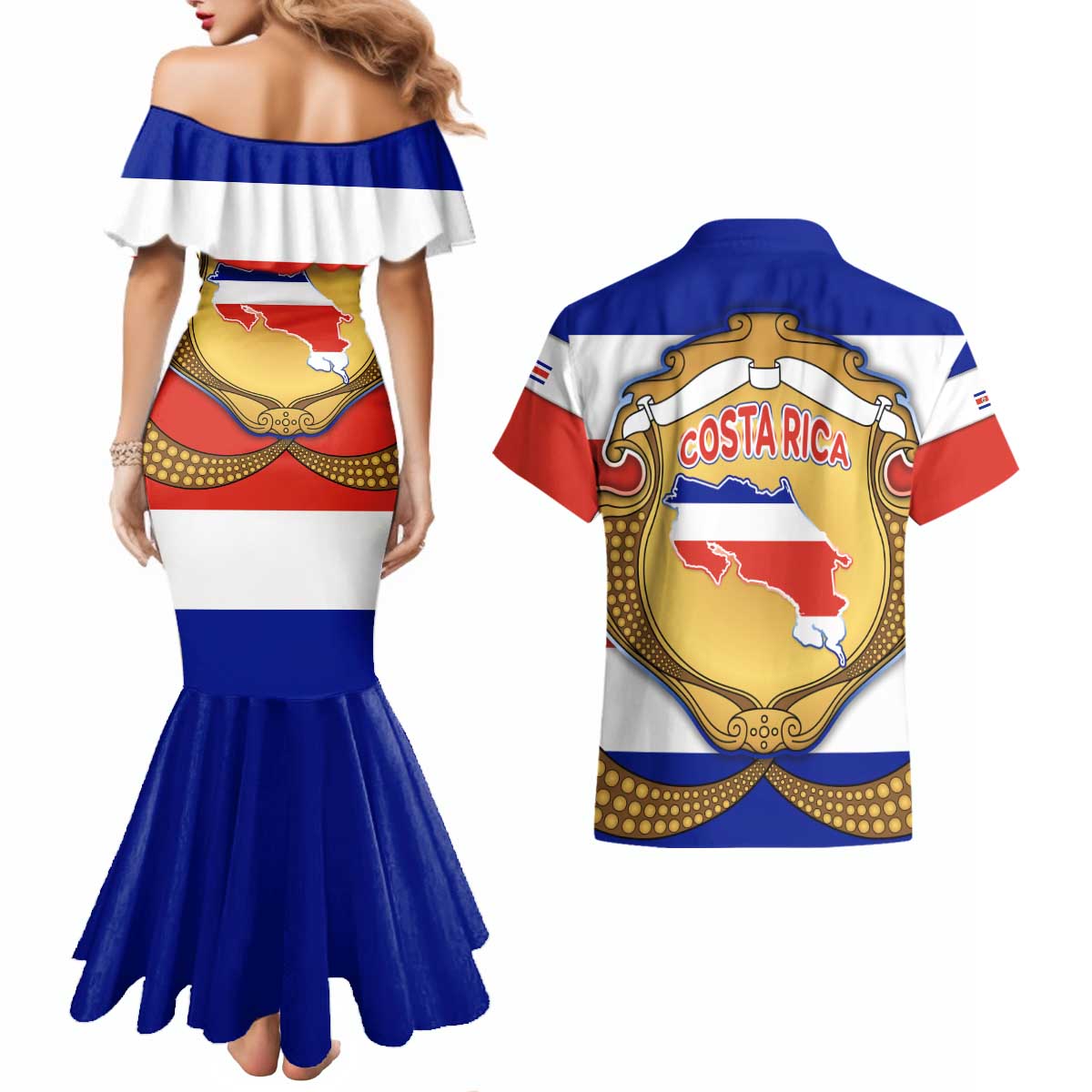 Costa Rica Flag Map Couples Matching Mermaid Dress and Hawaiian Shirt Red White Blue with National Colors and Gold Crest Design - Wonder Print Shop