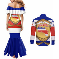 Costa Rica Flag Map Couples Matching Mermaid Dress and Long Sleeve Button Shirt Red White Blue with National Colors and Gold Crest Design - Wonder Print Shop