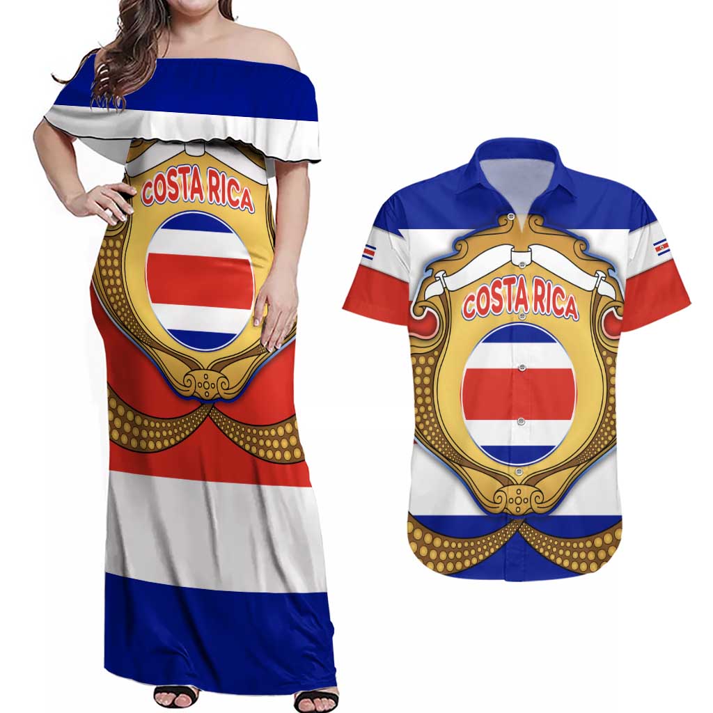 Costa Rica Flag Map Couples Matching Off Shoulder Maxi Dress and Hawaiian Shirt Red White Blue with National Colors and Gold Crest Design - Wonder Print Shop