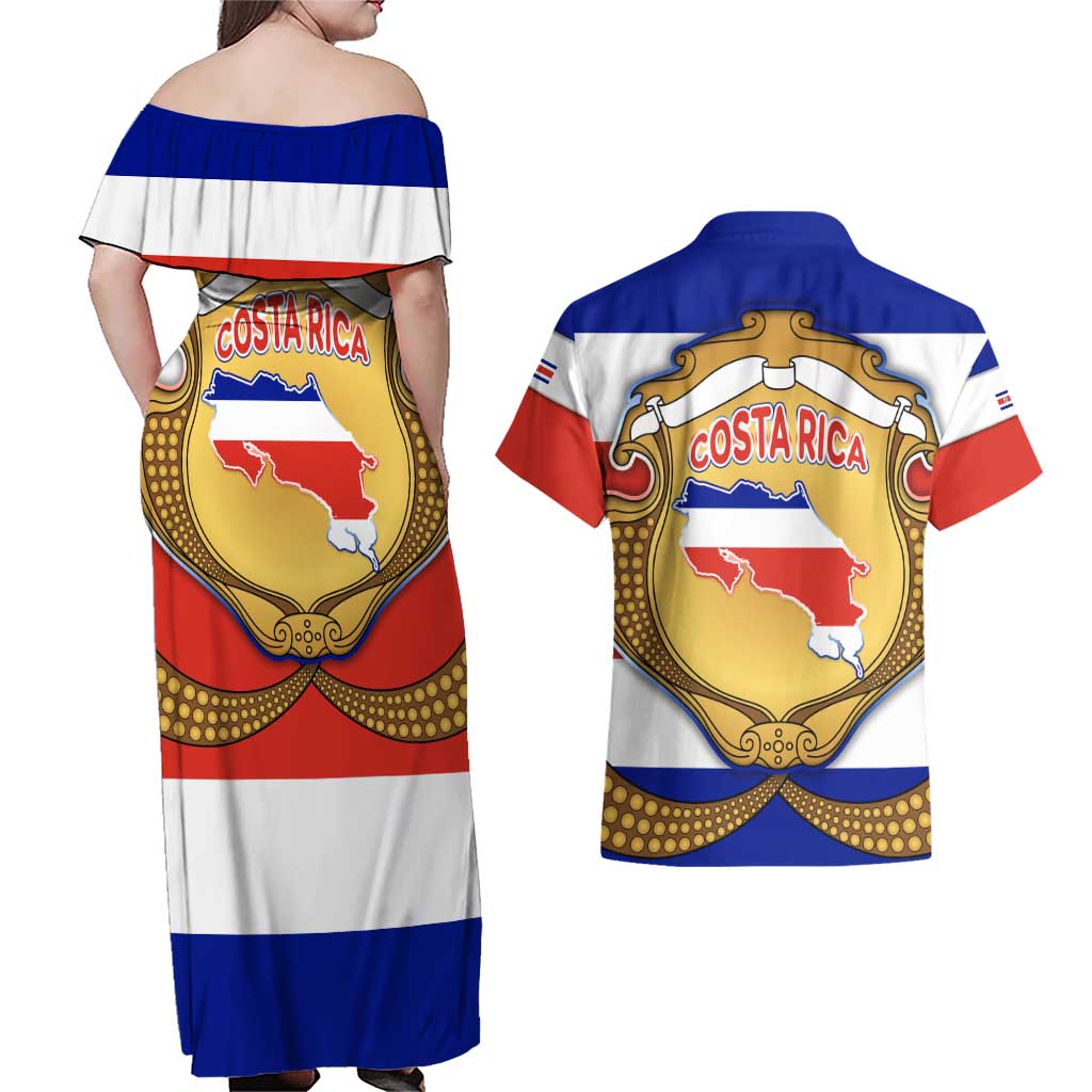 Costa Rica Flag Map Couples Matching Off Shoulder Maxi Dress and Hawaiian Shirt Red White Blue with National Colors and Gold Crest Design - Wonder Print Shop
