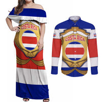 Costa Rica Flag Map Couples Matching Off Shoulder Maxi Dress and Long Sleeve Button Shirt Red White Blue with National Colors and Gold Crest Design - Wonder Print Shop