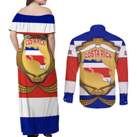 Costa Rica Flag Map Couples Matching Off Shoulder Maxi Dress and Long Sleeve Button Shirt Red White Blue with National Colors and Gold Crest Design - Wonder Print Shop