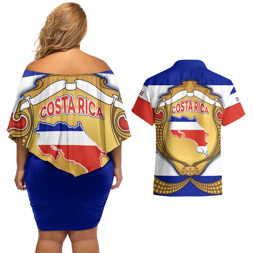 Costa Rica Flag Map Couples Matching Off Shoulder Short Dress and Hawaiian Shirt Red White Blue with National Colors and Gold Crest Design - Wonder Print Shop