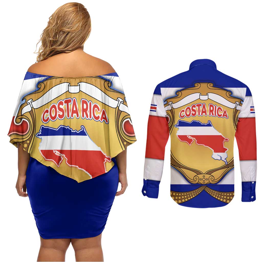 Costa Rica Flag Map Couples Matching Off Shoulder Short Dress and Long Sleeve Button Shirt Red White Blue with National Colors and Gold Crest Design - Wonder Print Shop