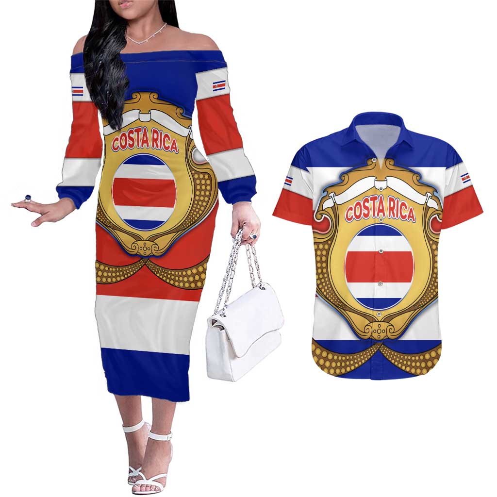 Costa Rica Flag Map Couples Matching Off The Shoulder Long Sleeve Dress and Hawaiian Shirt Red White Blue with National Colors and Gold Crest Design - Wonder Print Shop