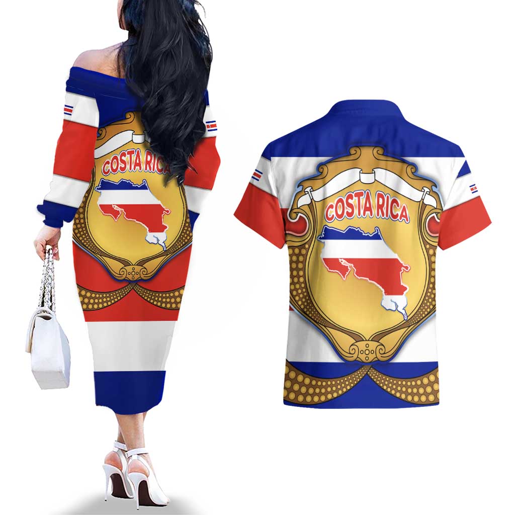 Costa Rica Flag Map Couples Matching Off The Shoulder Long Sleeve Dress and Hawaiian Shirt Red White Blue with National Colors and Gold Crest Design - Wonder Print Shop