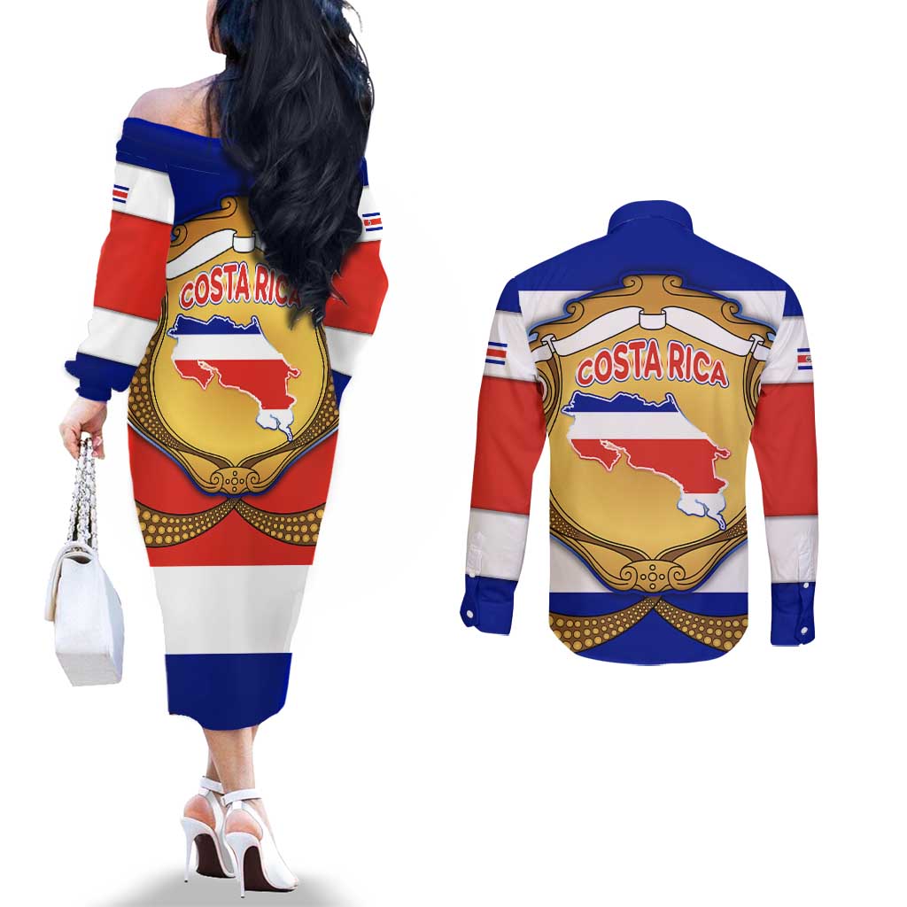 Costa Rica Flag Map Couples Matching Off The Shoulder Long Sleeve Dress and Long Sleeve Button Shirt Red White Blue with National Colors and Gold Crest Design - Wonder Print Shop