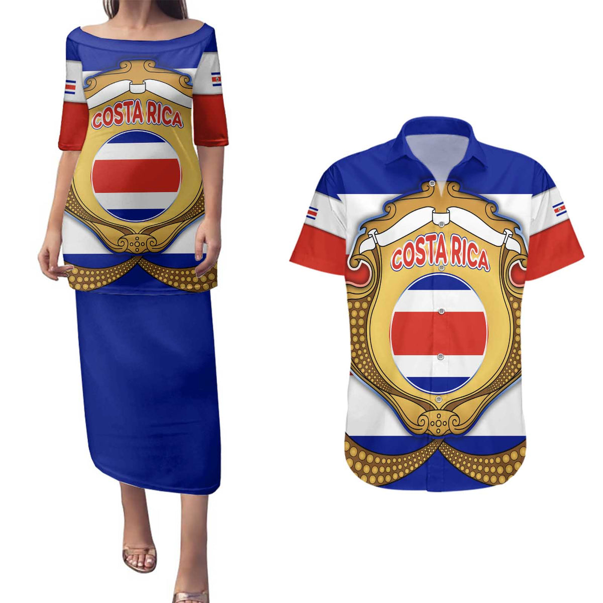 Costa Rica Flag Map Couples Matching Puletasi and Hawaiian Shirt Red White Blue with National Colors and Gold Crest Design - Wonder Print Shop