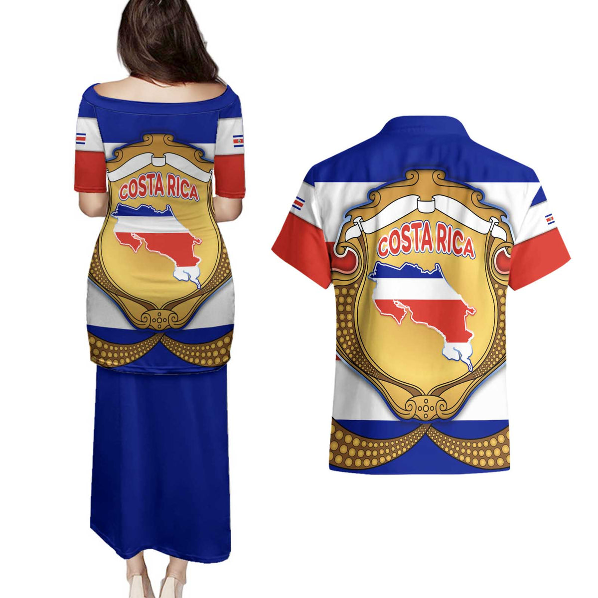 Costa Rica Flag Map Couples Matching Puletasi and Hawaiian Shirt Red White Blue with National Colors and Gold Crest Design - Wonder Print Shop