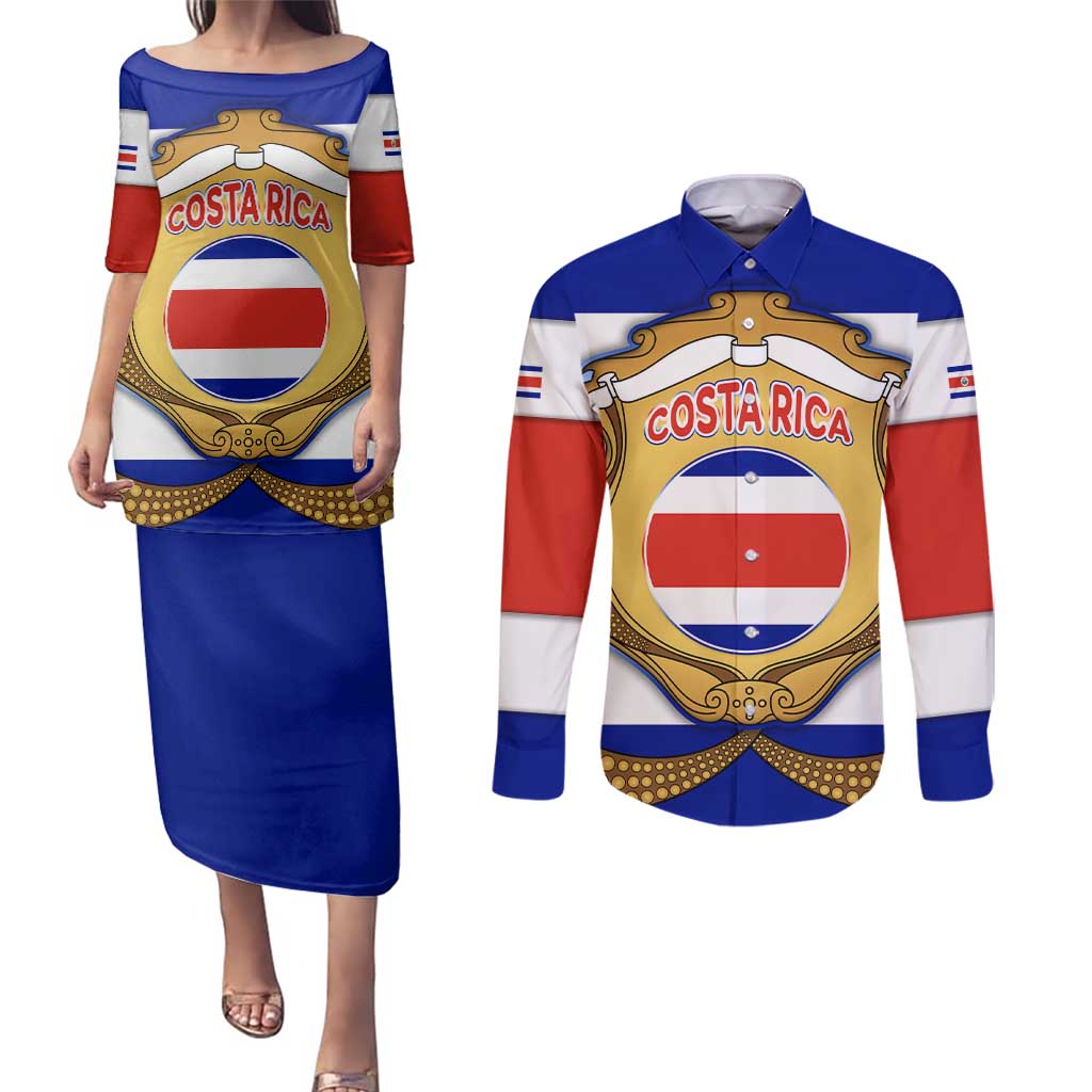 Costa Rica Flag Map Couples Matching Puletasi and Long Sleeve Button Shirt Red White Blue with National Colors and Gold Crest Design - Wonder Print Shop
